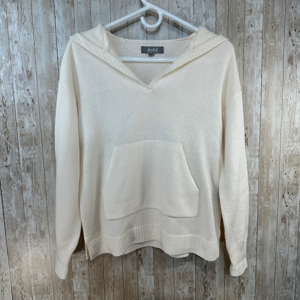 Marled Womens Cream Knitā Hoodie Sweater Kangaroo Pouch Size Small Oversized